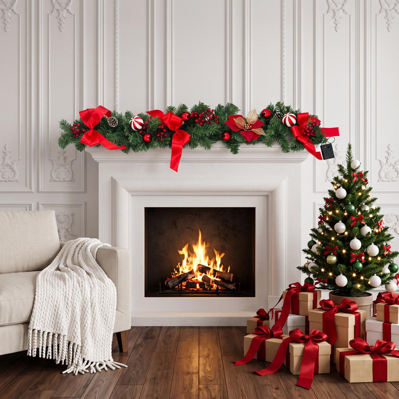 Guirlande de Noël pré-illuminée de 2,74 m (9 pi) avec fleurs à nœud rouge, 40 lumières DEL et minuterie
