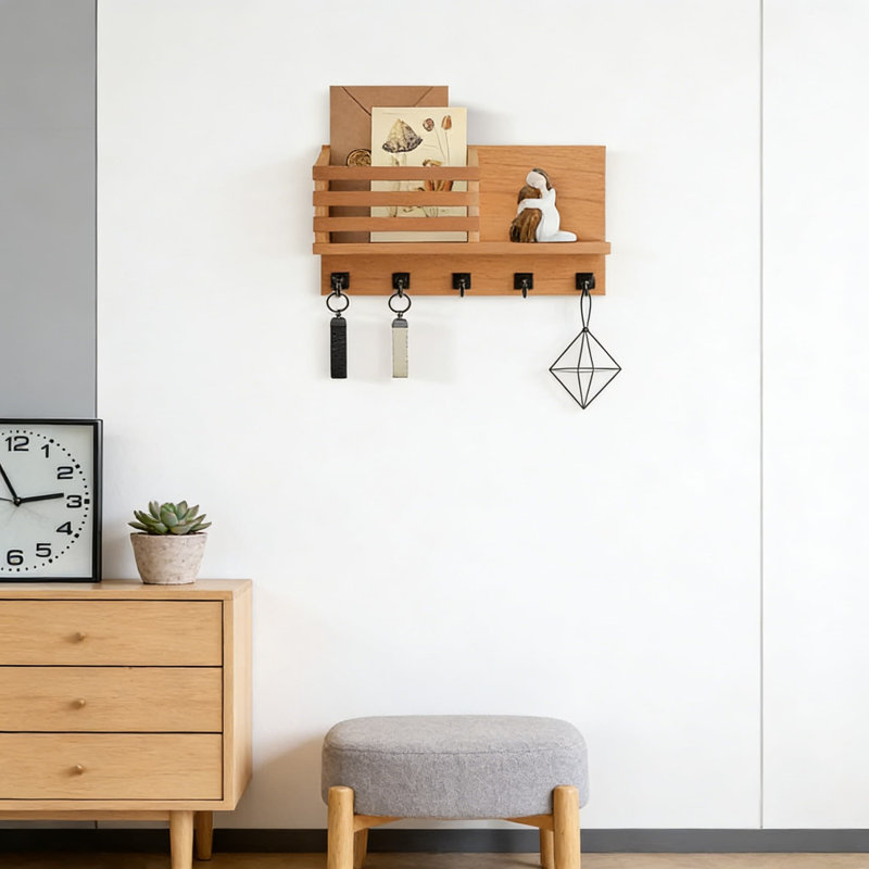 Porte-clés mural et organisateur de courrier avec 5 crochets, tablette de rangement pour clés, courrier et articles essentiels, maison de ferme rustique