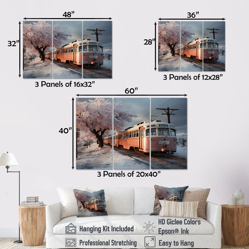 Orange Train Charm In Winter - Train Wall Art Set, 40" H x 60" W