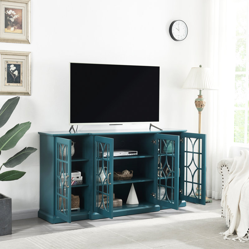 Meuble télé 63 po bleu sarcelle - 4 portes avec 6 tablettes réglables, design agréable, buffet avec gestion des câbles, beaucoup d'espace, portes, construction, efficacité