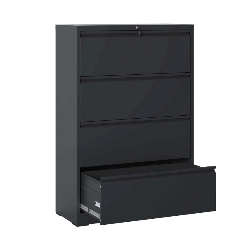 Lateral File Cabinet 4 Drawer, Black Filing Cabinet With Lock, Lockable File Cabinet For Home Office, Locking Metal File Cabinet For Legal/Letter/A4/F4 Size