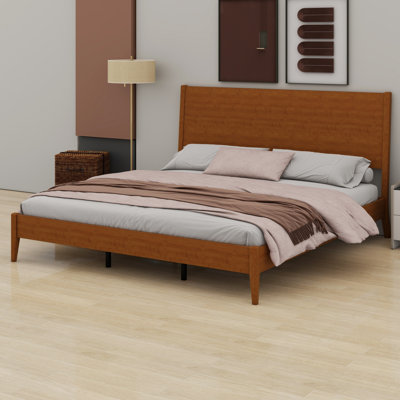 Structure de lit de style Mid-Century moderne, lit plateforme en bois avec lattes intégrées et support en métal