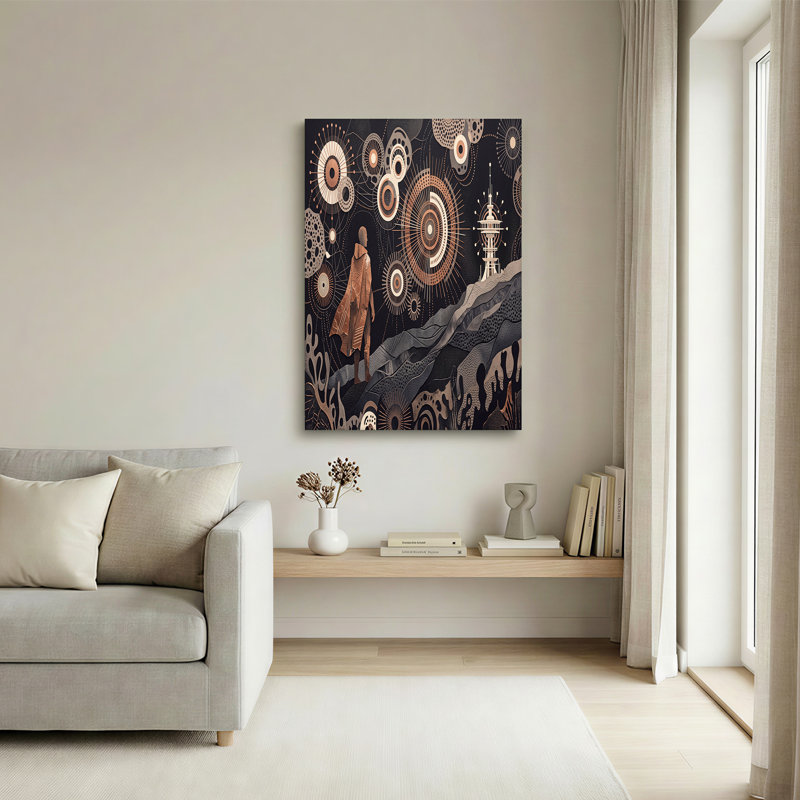 Art mural sur toile, figure de bronze près de la tour et cercles géométriques, H 12 po x l 18 po