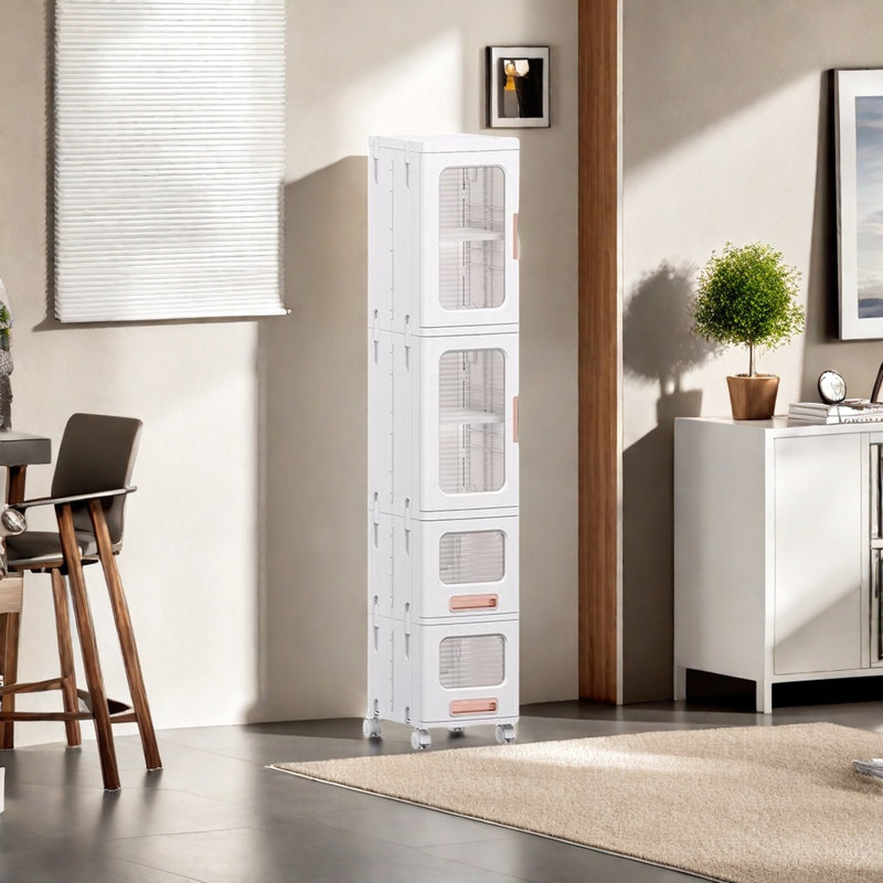 5 Tier Folding Stackable Storage Box, Stackable Storage Drawers On Wheels, Bathroom Floor Cabinet With Doors