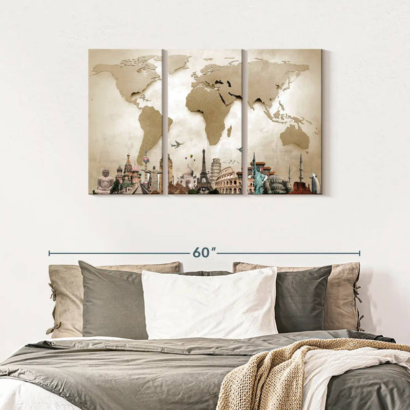 Neutre carte du monde sur toile en acier 3 pièces, H 45 po x l 28 po x P 1,25 po