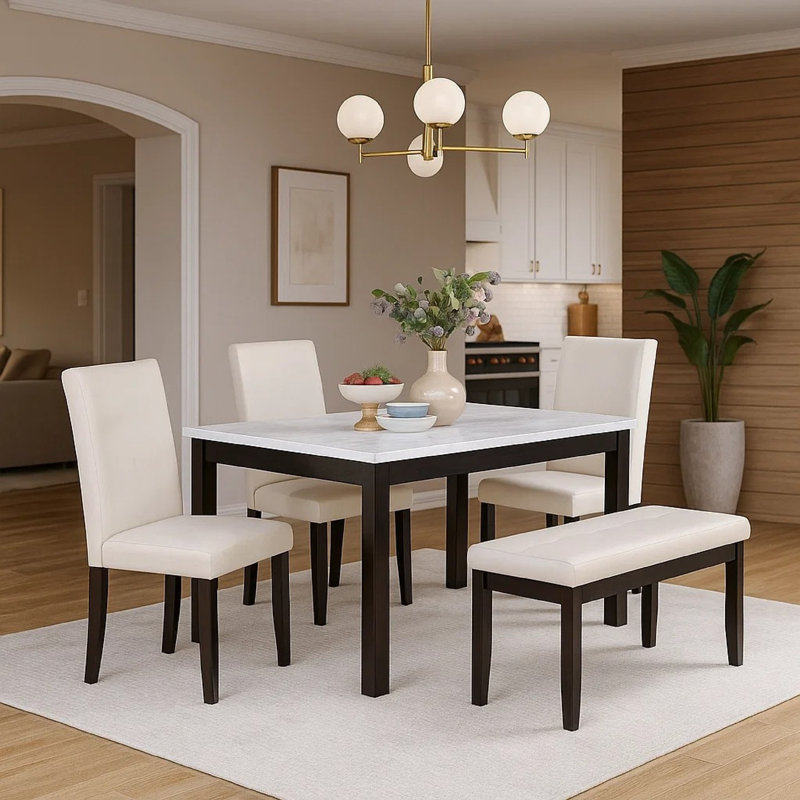 Ensemble de table de salle à manger 5 pièces Wesley, similicuir blanc, faux marbre, brun cerise