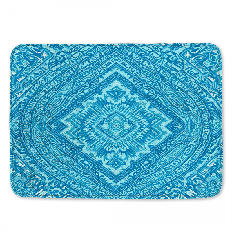 Tapis de bain bleu à motif mandala, L 34 po x L 21 po