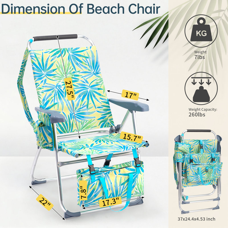 17" Seat Height Portable Beach Chair With Carry Bag, Light Green Floral