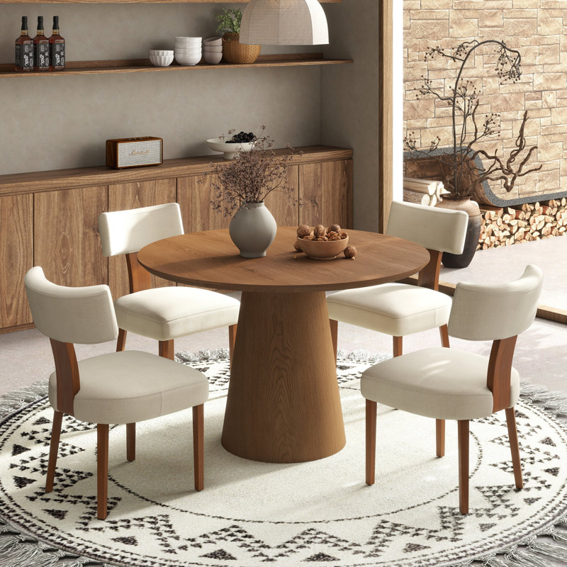 Ensemble de salle à manger à piédestal rond Mid-Century, Noyer, Beige, 5 pièces: table, 4 chaises