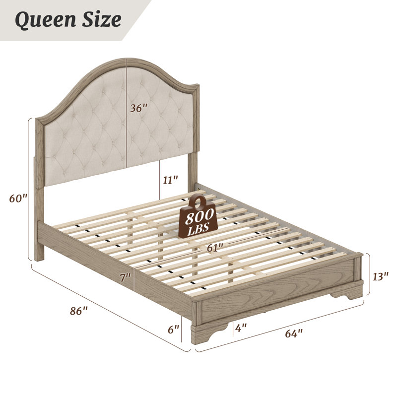 Antoro Upholstered Solid Wood Platform Bed, Dark Wood, Queen
