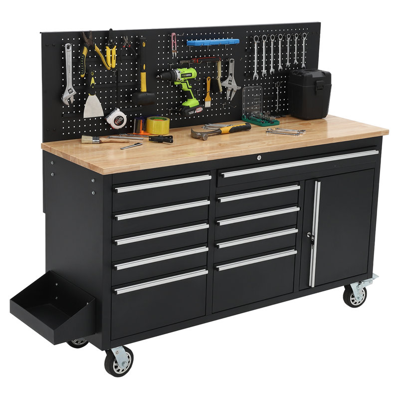Établi 61 po, table de travail en bois robuste avec tiroirs et panneau perforé, organisateurs de banc de travail avec prise de courant, roues, station de travail mobile pour le garage, atelier