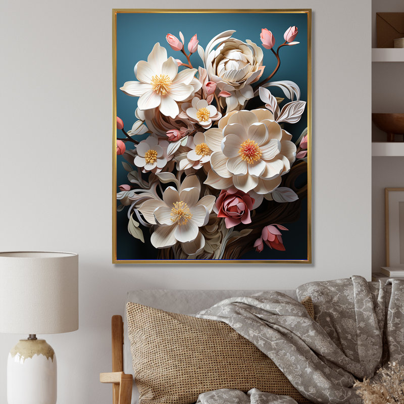 Somptueuses fleurs de magnolia, Cadre flottant doré, H 44 po x l 34 po x P 1,5 po