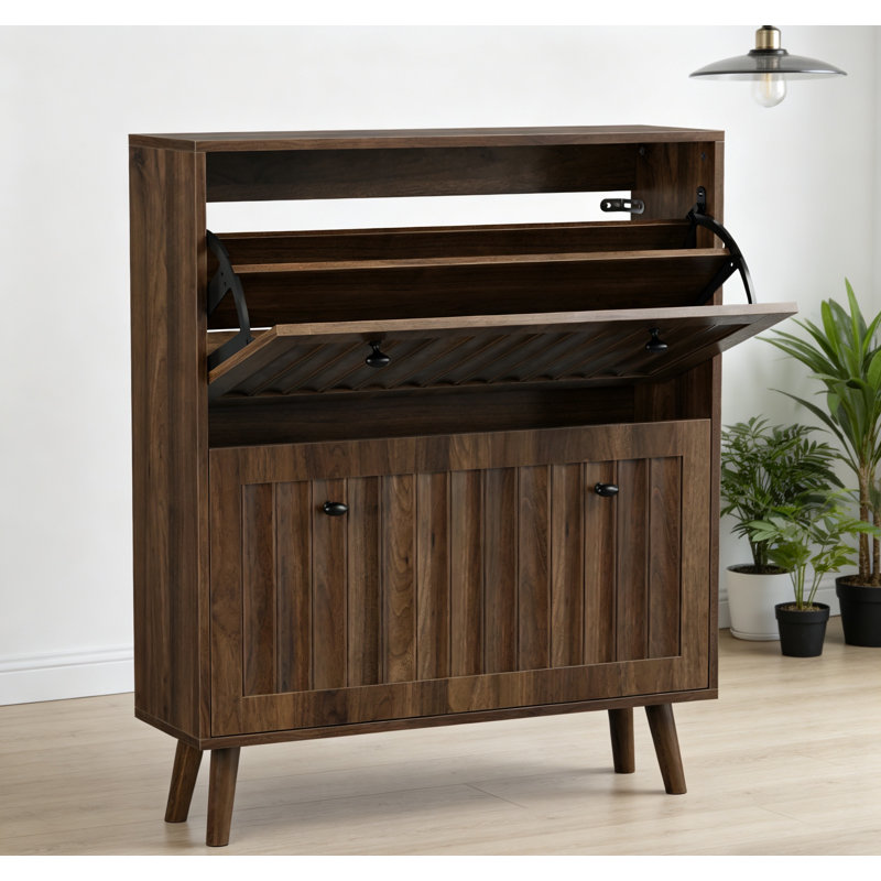 Medieval-style Modern Shoe Cabinet, Upright Shoe Storage Unit With Vertical Grooved Finish, 31.5-inch Walnut-colored Shoe Cabinet, Suitable For Hallways, Passageways And Entrances.