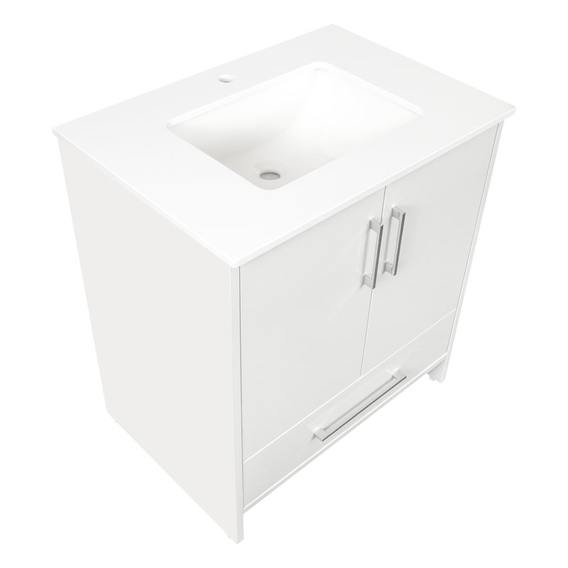 Meuble-lavabo de 30 po avec plateau en pierre reconstituée blanche et lavabo en céramique SCOTTY, Blanc