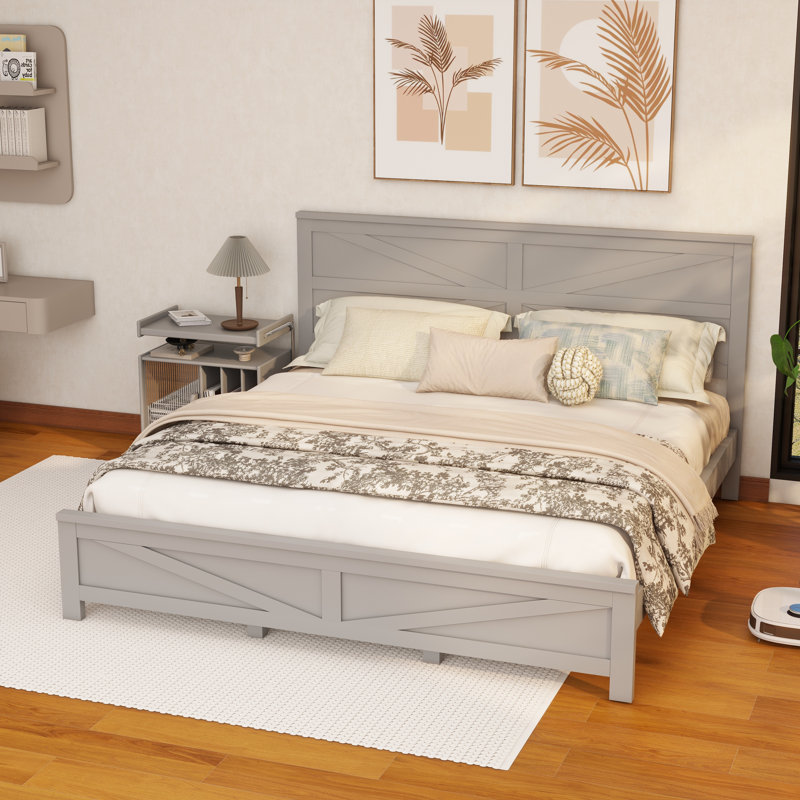 Tête de lit et pied de lit de style campagnard grand avec porte de grange de style campagnard, lit en bois de pin avec cadre de lit renforcé, gris