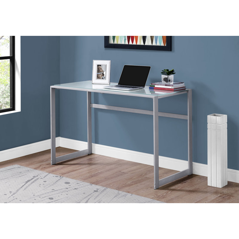 Modern Computer Desk With Frosted Glass Top, White/Gray