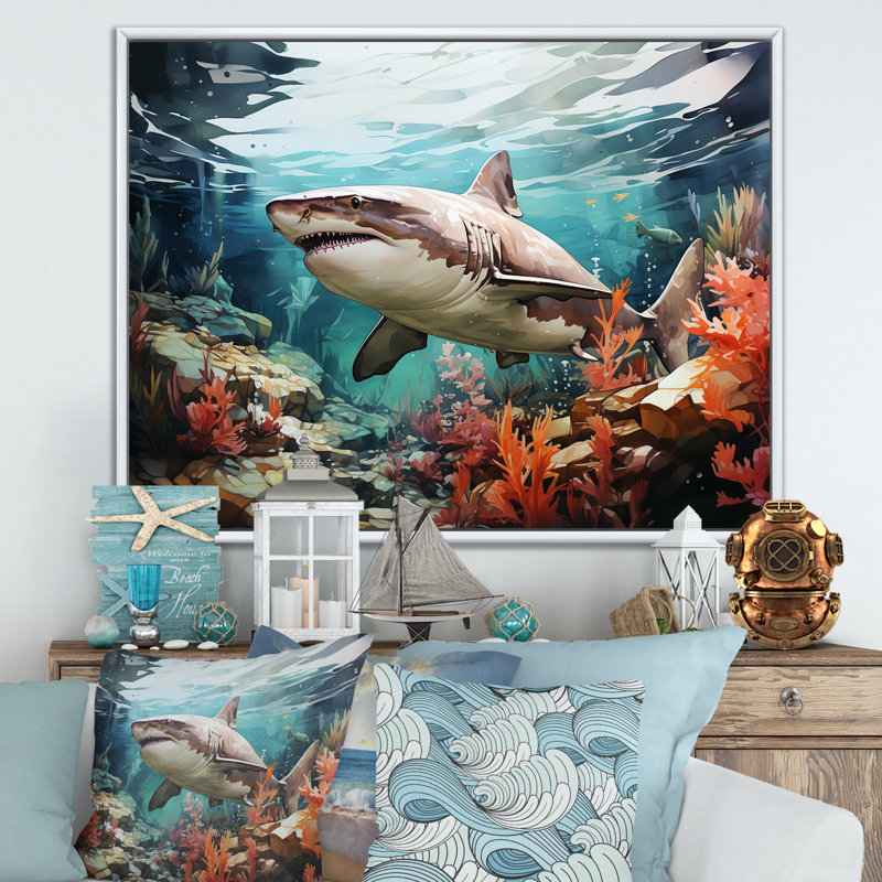 " Silent Hunter Sharks Portrait IV ", 24" H x 32" W x 1" D, White Floater Framed