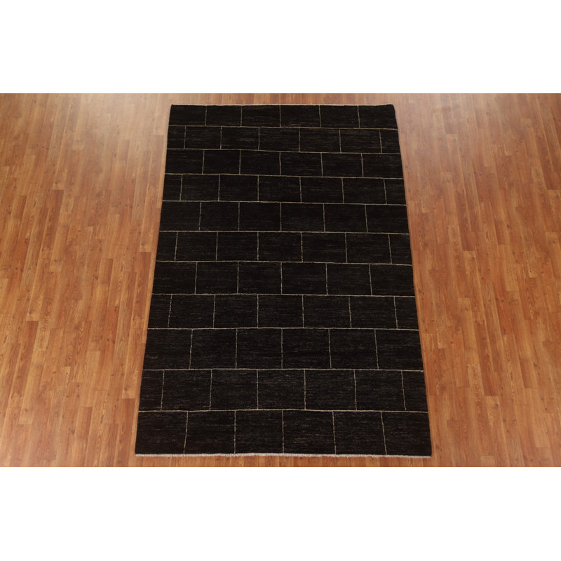 Tapis géométrique noir en laine noué à la main à motif géométrique 5 pi 8 po x 8 pi 6 po