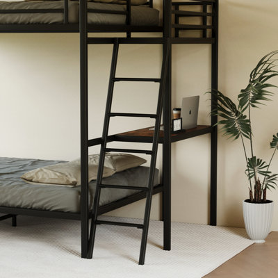 Lit mezzanine double noir avec bureau, lumières à DEL et option de chargement à double usage, tablettes de rangement, option de fabrication en métal robuste, conception pour dormir, quincaillerie de basculement