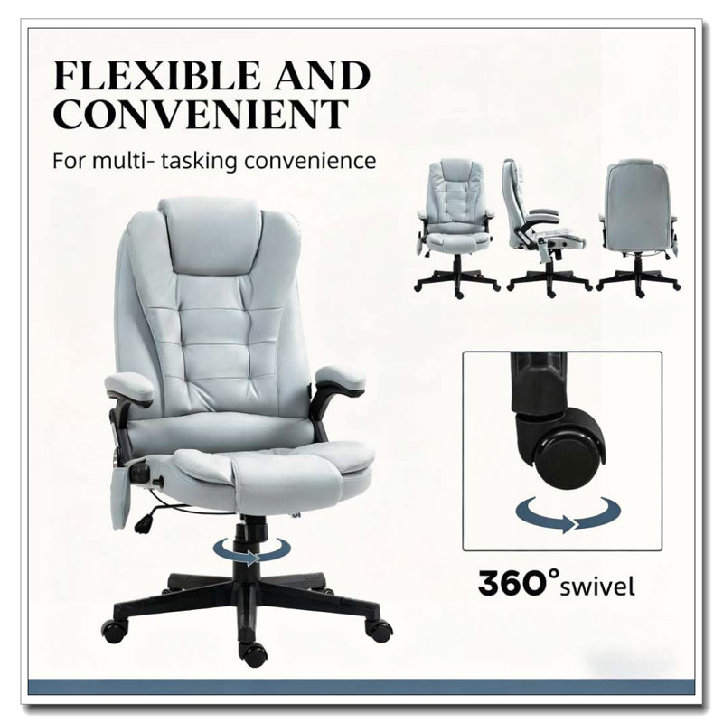 Microfiber Massage Desk Chair With Heat Function And Reclining Backrest, Light Gray