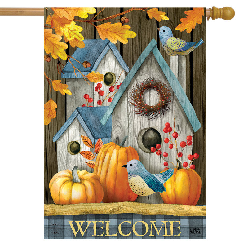 Rustic Fall Birdhouse Welcome House Flag