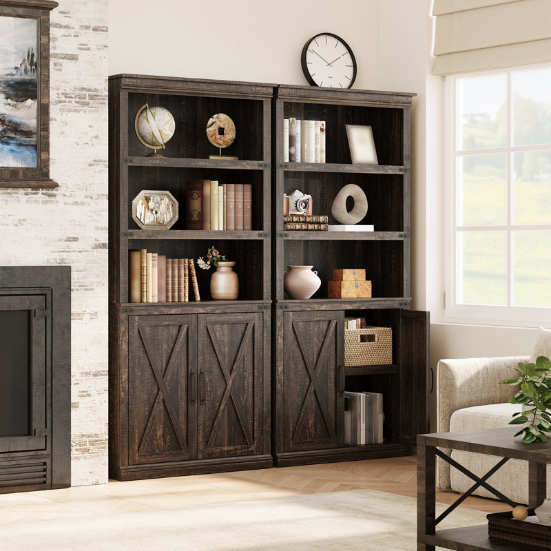 5-Tier Farmhouse Bookcase, Compact Wood Bookshelf with Open Shelves and Barn Doors, Vintage Display Storage Cabinet, Brown