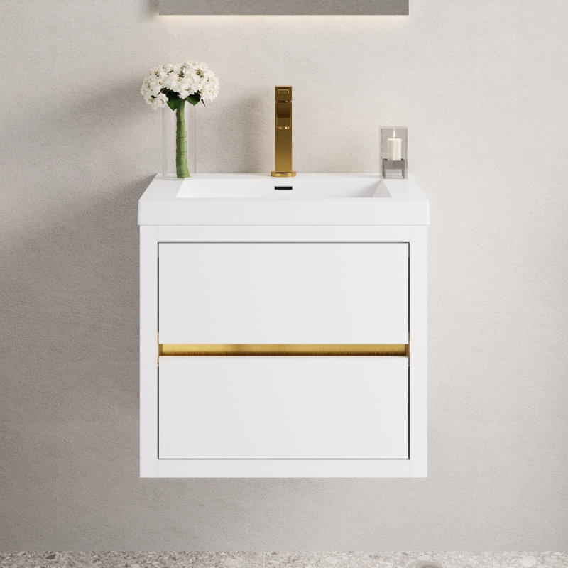 Meuble-lavabo 24 po avec lavabo, fixation murale blanc brillant. Pré-assemblé pour une installation simple et rapide. Espace de rangement spacieux en forme de U. Tiroirs à fermeture en douceur. Fonctionnement silencieux. Comptoir en résine de pierre.