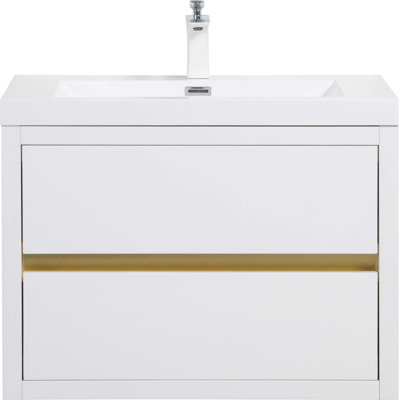 Meuble-lavabo mural avec lavabo, armoire de rangement flottante avec comptoir en résine de pierre et tiroirs à fermeture en douceur