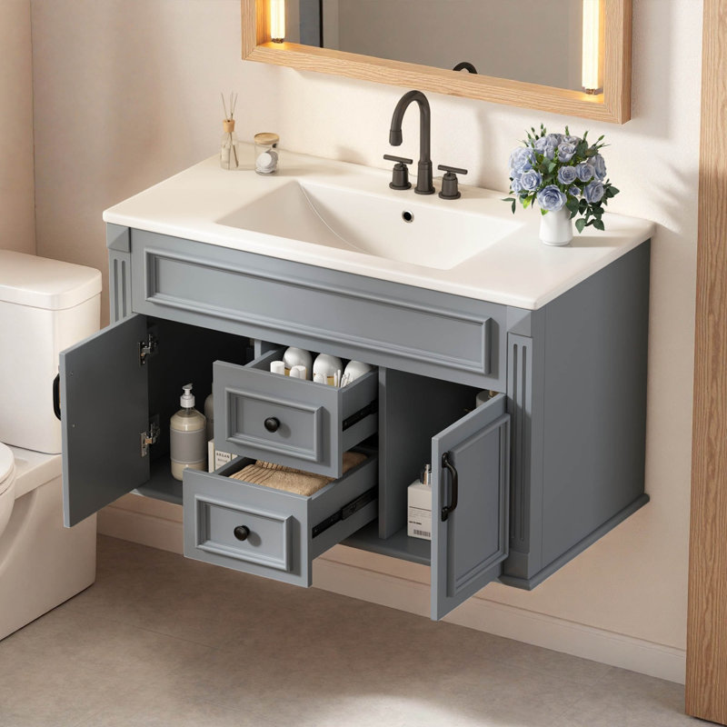 Meuble-lavabo mural simple flottant 36 po avec comptoir en céramique 36 po, Gray