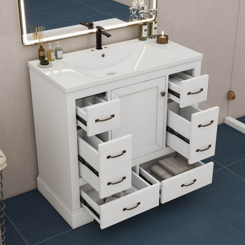 Meuble-lavabo moderne 36 po sans lavabo avec séparateur de tiroir multifonctionnel et tablette réglable, Blanc/Noir