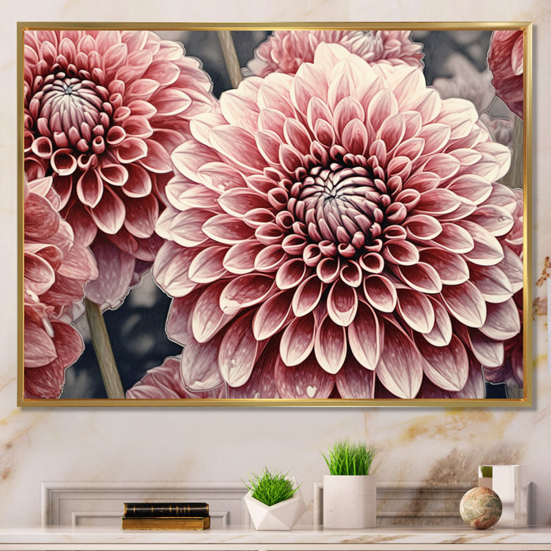 Palette de dahlia rose et noir sur toile, 12" H x 20" W, Cadre flottant doré