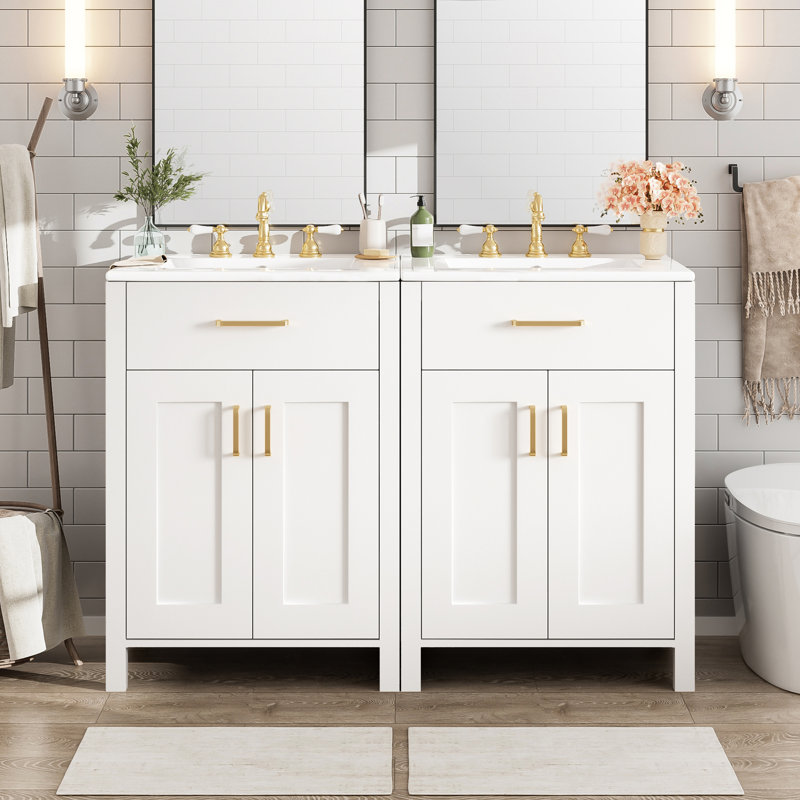 Meuble-lavabo moderne de 48 po: lavabo en céramique, portes à fermeture en douceur, tiroir rabattable et tablettes à double couche pour un rangement sophistiqué
