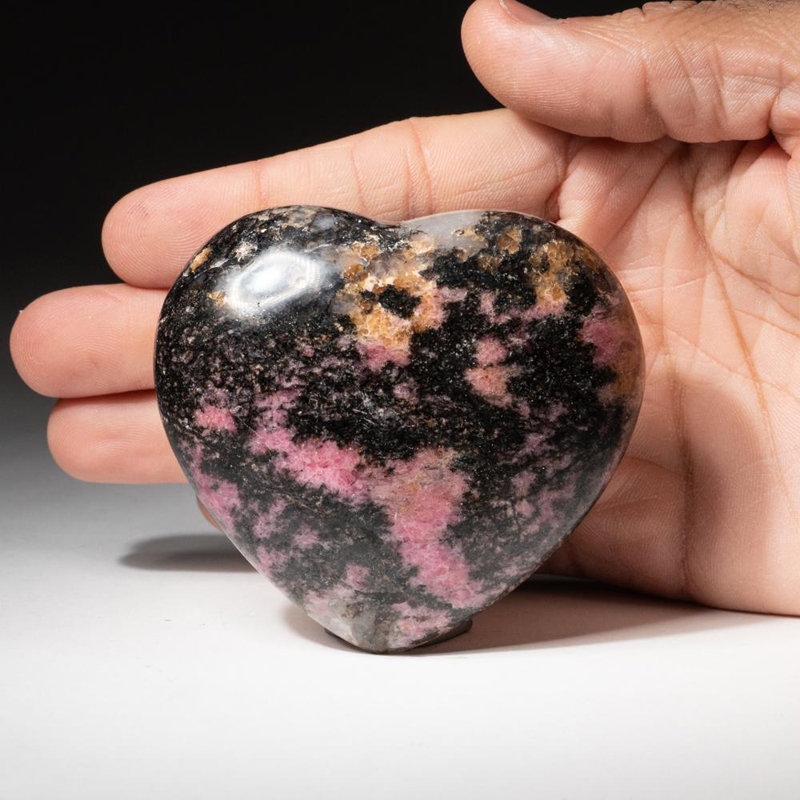 Polished Imperial Rhodonite Heart From Madagascar (400 Grams), 3" H x 1.25" W x 3.5" D, Black/Pink