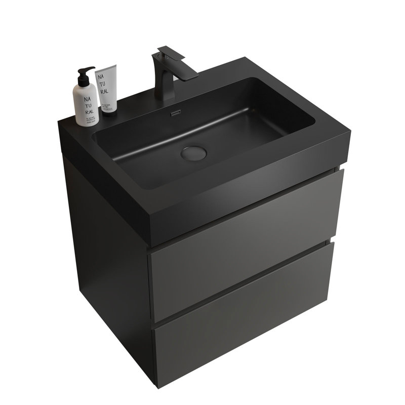 Kellswater X P 18,10 po P 25,20 po Meuble-lavabo mural H en bois de rose avec plateau, Noir, noir, noir, noir