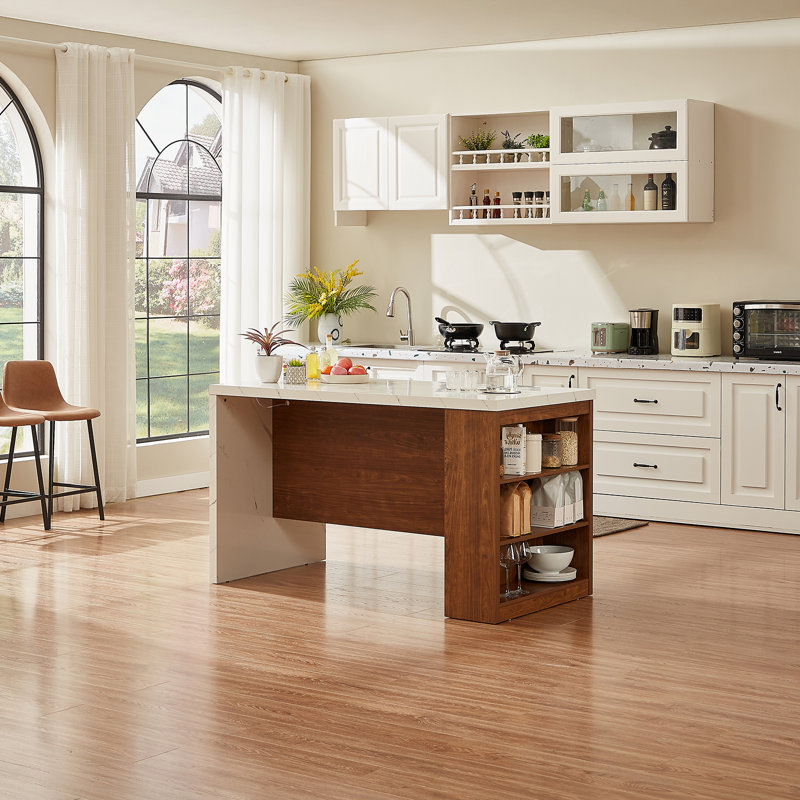 61" Kitchen Island With Imitation Marble Top – Portable Workstation With Storage Shelves, Power Outlets & Adjustable LED Light