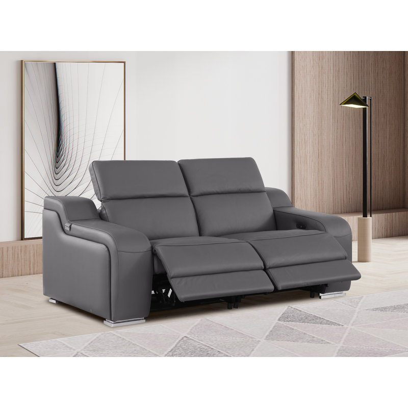 Top Grain Italian Leather Loveseat With Power Headrest, Dark Gray