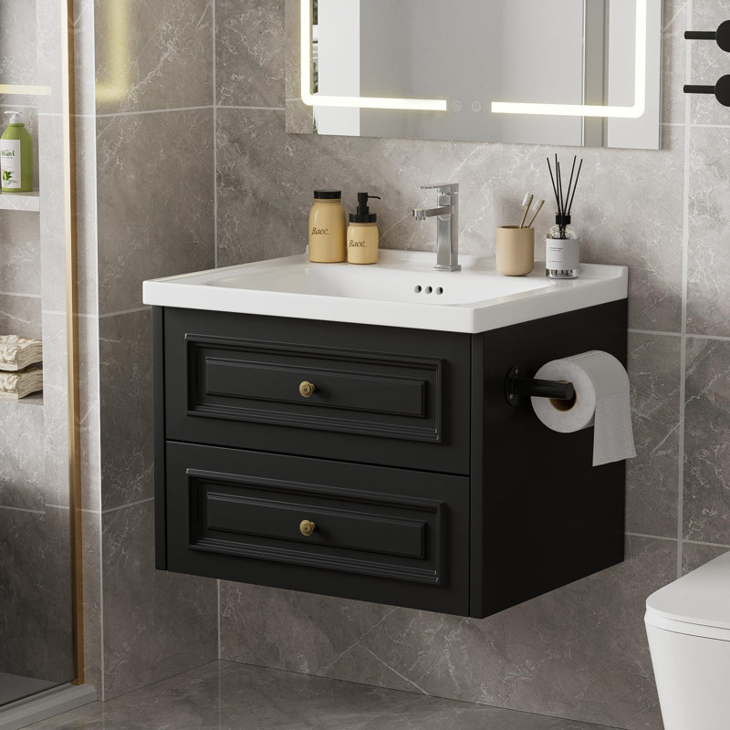 Meuble-lavabo suspendu de 61 cm (24 po) avec lavabo monobloc en céramique et porte-papier hygiénique intégré pour salle de bain moderne