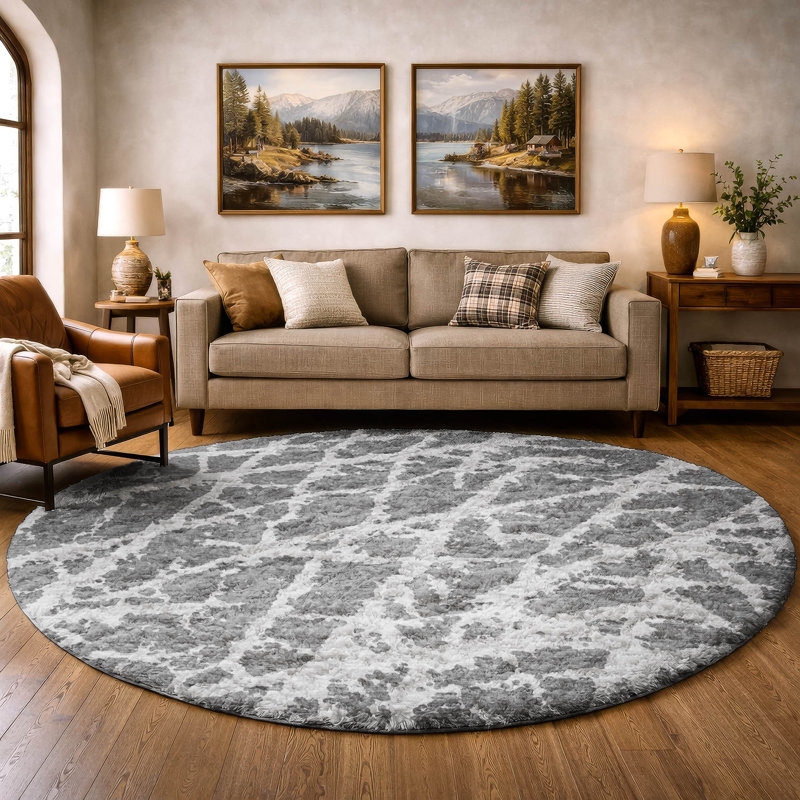 Premium Machine Washable Dream Shag ADS501 Crackle Rug, Charcoal, 8' Round