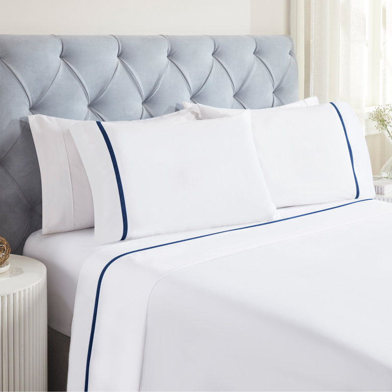 Riverton Cotton Cross-Stitch Embroidered Deep Pocket Bed Sheet Set by Superior, Twin Extra Long Sheet Set with 1 Pillowcase