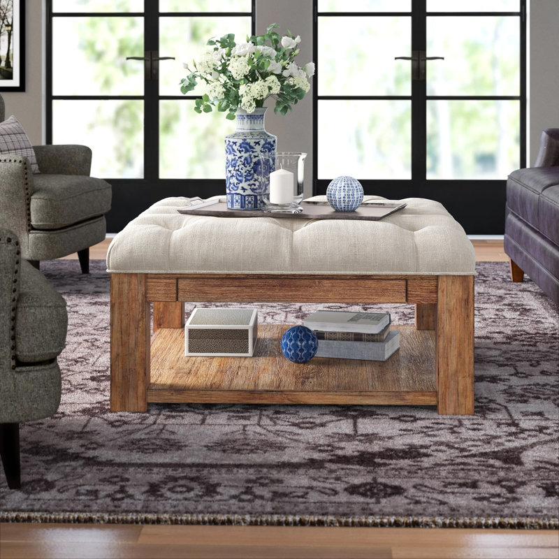 Arthuro Upholstered Ottoman, Natural, Heathered Dark Gray Linen