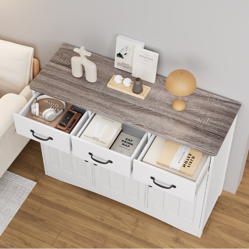 Farmhouse Sideboard with 3 Drawers & 3 Cabinet Doors, Adjustable Shelves for Living Room, Dining Room, or Hallway, Gray