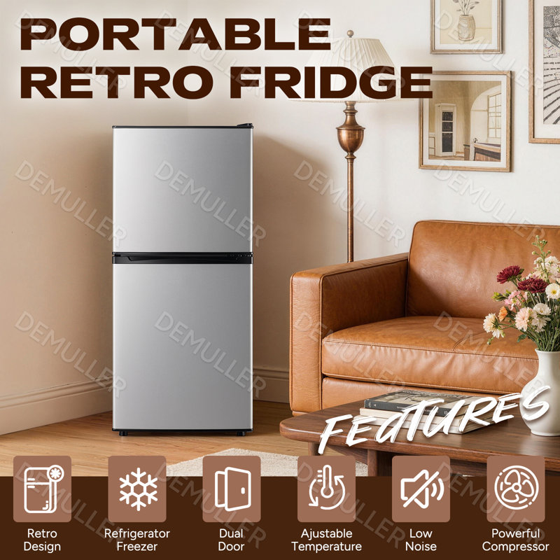 DEMULLER Refrigerator with Freezer, Apartment Size Fridge with Bottom Freezer, LED Light, Large Capacity, Energy Saving, Adjustable Thermostat & Shelves, Low Noise, 3.8 Cu.Ft, Silver