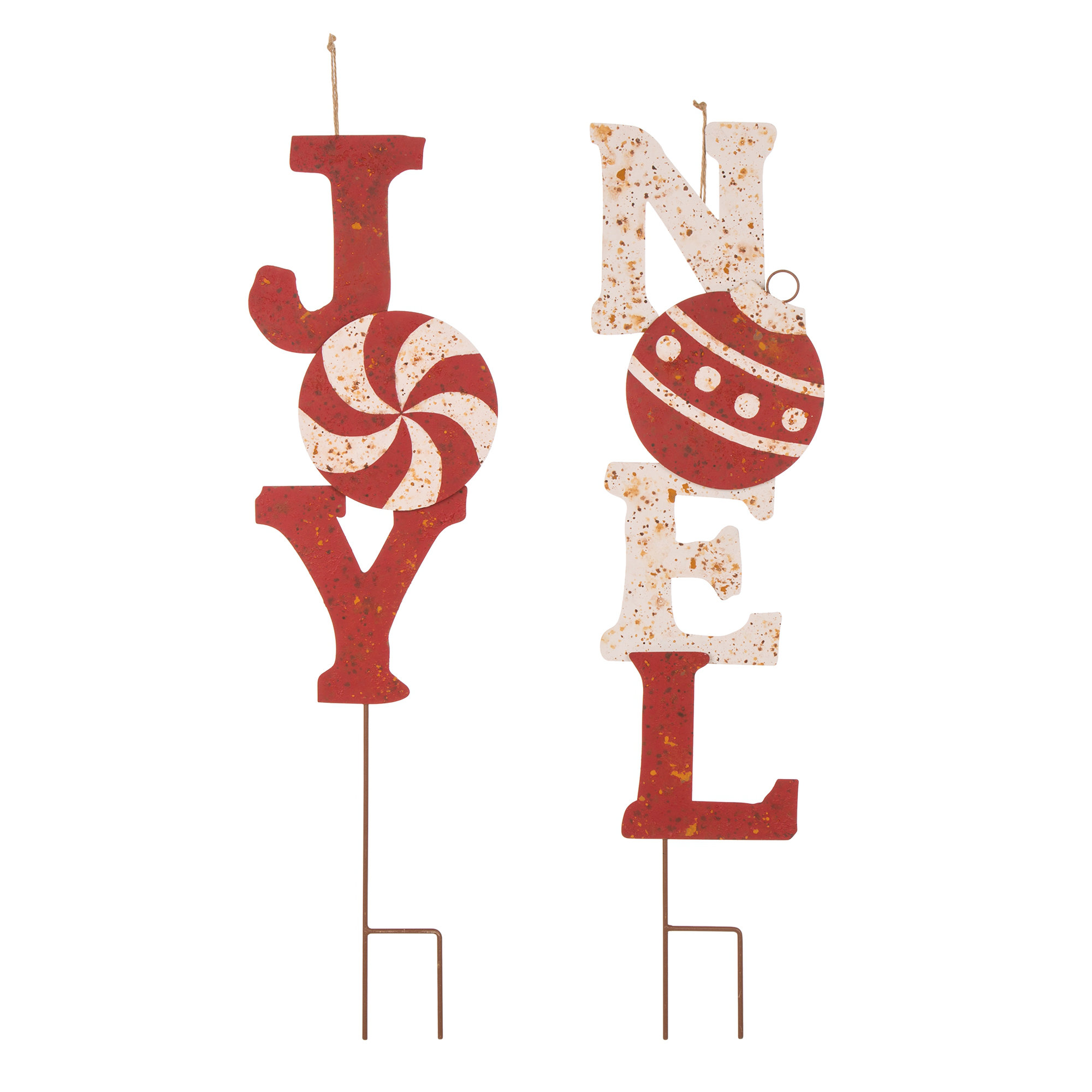 2 Piece Rusty Metal Christmas JOY & NOEL Yard Stake or Wall Decor Set