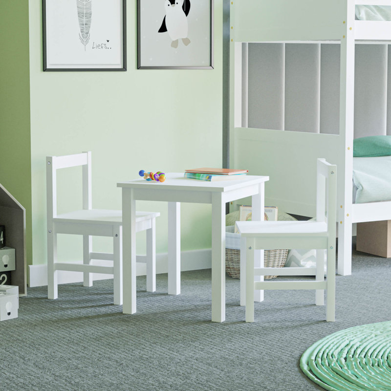 Tonicha Kids 3 Piece Solid Wood Square Play Or Activity Table and Chair Set, White