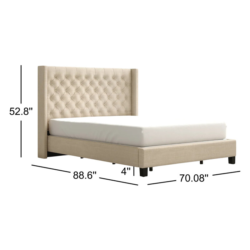 Upholstered Wingback Bed, Queen, Heathered Beige Linen