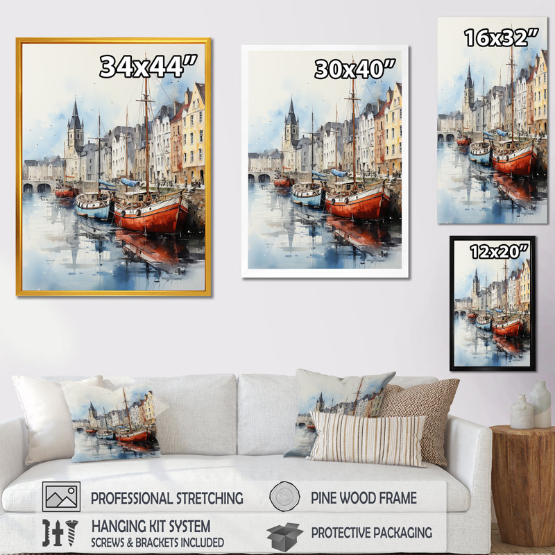 "Bateau de pêche rouge et gris au port I", Cadre simple blanc, H 20 po x l 12 po x P 1 po