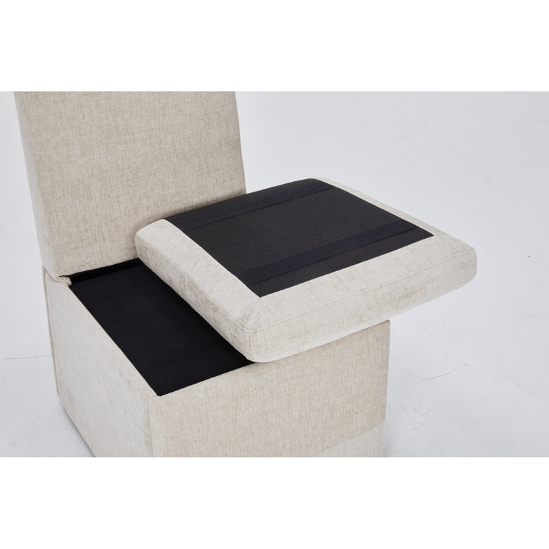 Modern Linen Upholstered Armless Dining Chair Set With Casters And Storage - Set Of 2, Beige