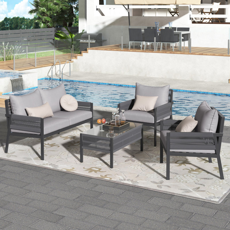 K&K 4-Piece Rope Patio Furniture Set, Gray, Light Gray