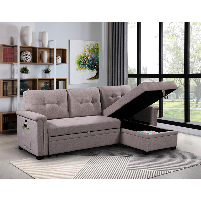 Canapé-lit modulaire réversible avec ports, rangement et lin 84 po gris