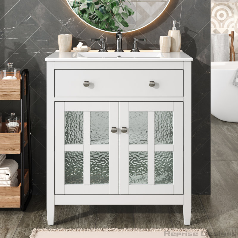 30" Bathroom vanity with Ceramic Sink, Adjustable Shelf and Tip-Out Tray, White